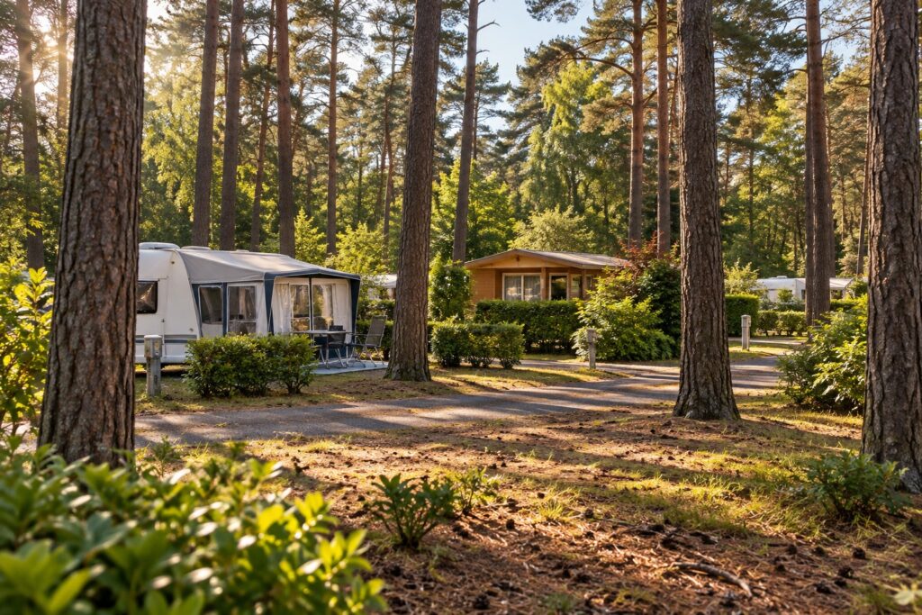Wohnwagen und Ferienhaus zwischen Kiefern im Heide-Camp Colbitz – mit KI erzeugte Darstellung