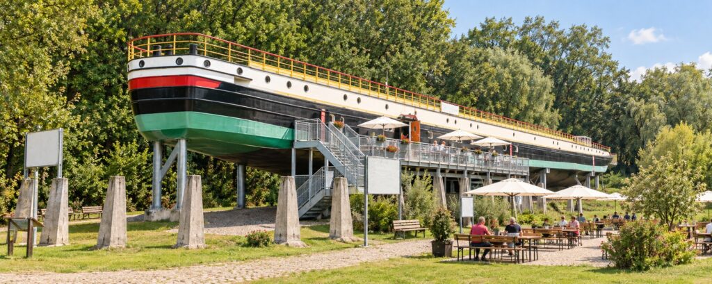 Das Schiffsrestaurant Marie Gerda mit Biergarten an der Elbe – mit KI erzeugte Darstellung