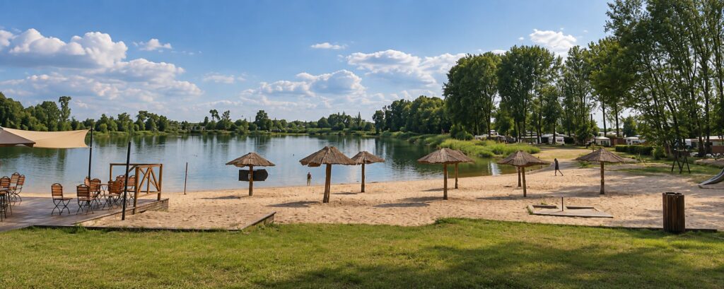 Strand mit Strohschirmen am Großen Schachtsee an einem Sommertag – mit KI erzeugte Darstellung