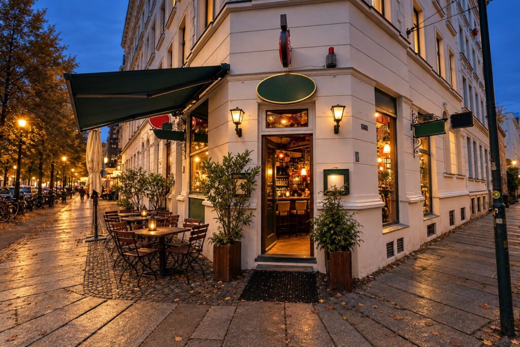 Der Sky Pub an der Ecke Waldstraße am Abend – mit KI erzeugte Darstellung