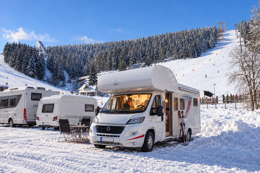 Wohnmobile im Schnee vor der Piste am Fichtelberg – mit KI erzeugte Darstellung